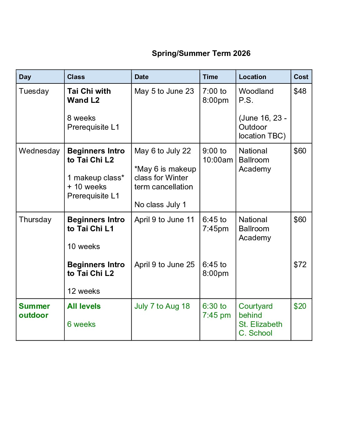 TCJV Spring Summer Term 2026 table