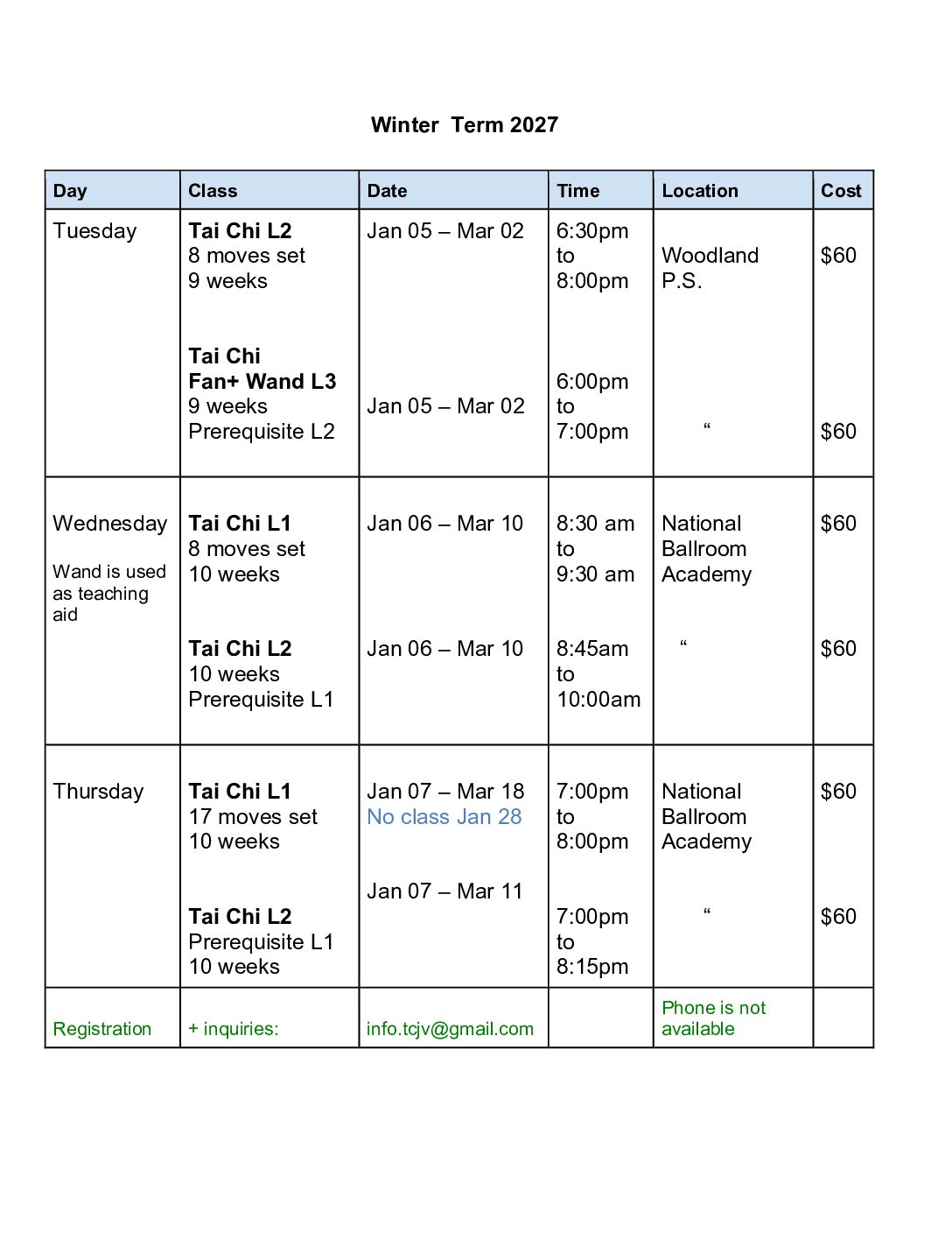 TCJV Winter Term 2027 table
